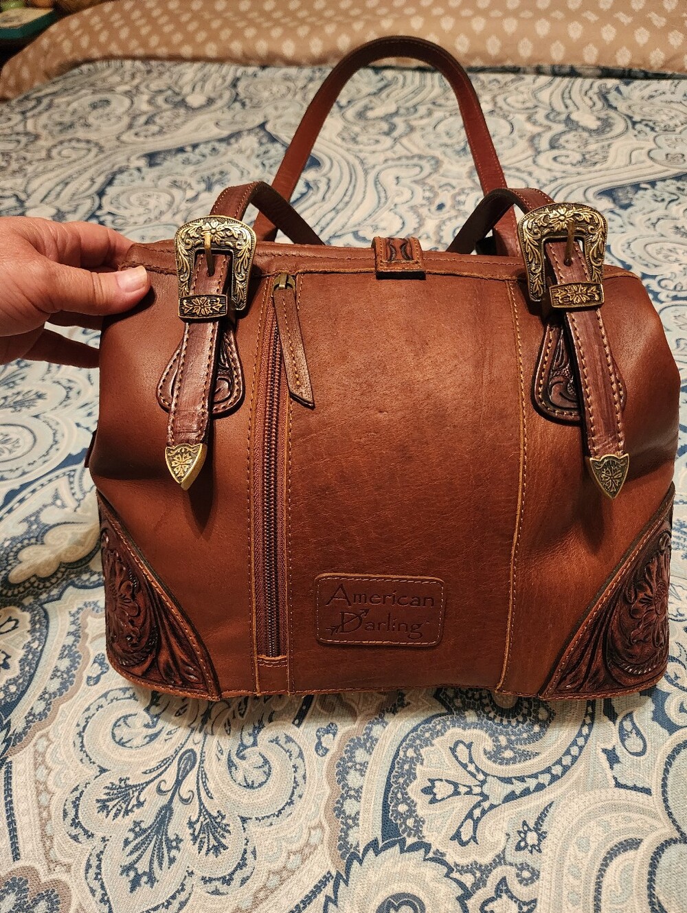 American Darling Brown Haircalf Tote with Tooled Leather Trim - Picture 13 of 16